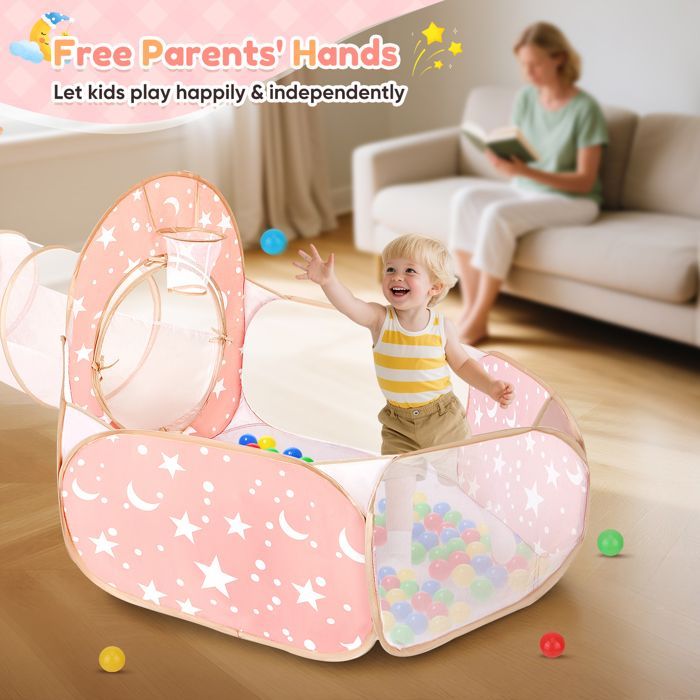 Tente de Jeu 3 en 1 pour Enfants avec Tunnel et Piscine à balles, maisonnette de Jeu château escamotable pour intérieur et