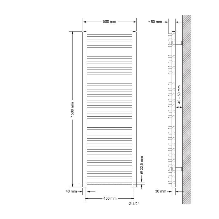 Scaldasalviette da bagno ECD Germania - 500 x 1500 mm - Bianco - Curvo con attacco laterale - 900W