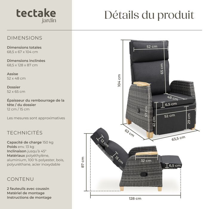 Silla de jardín - TECTAKE - Juego de 2 tumbonas modulares PESCARA con respaldo y reposapiés ajustables - Gris