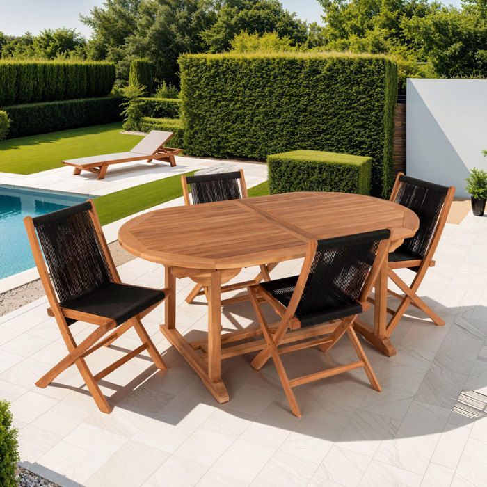 Conjunto de mesa de jardín de teca y 4 sillas de cuerda - GARDENA