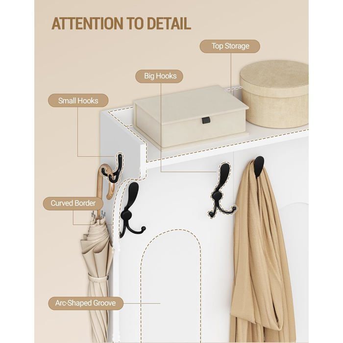 Perchero con banco para zapatos, mueble de recibidor con espejo, 10 ganchos, estantes ajustables, para pasillo, sala de estar, blanco