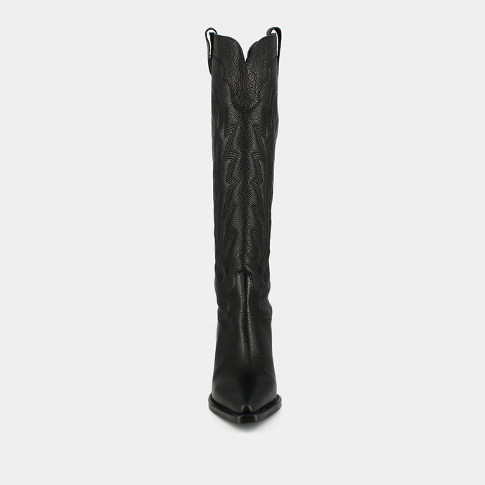 Bottes à talons épais et surpiqures apparentes  en cuir grainé noir