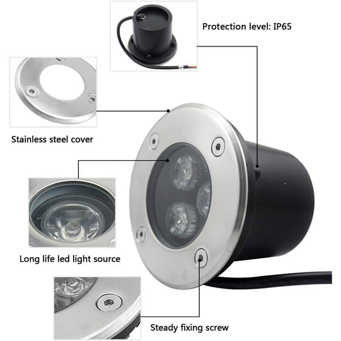 Paquete de 4 focos LED empotrables para exteriores, 3W, 270 lm - Blanco cálido, IP65, acero inoxidable, 90 mm