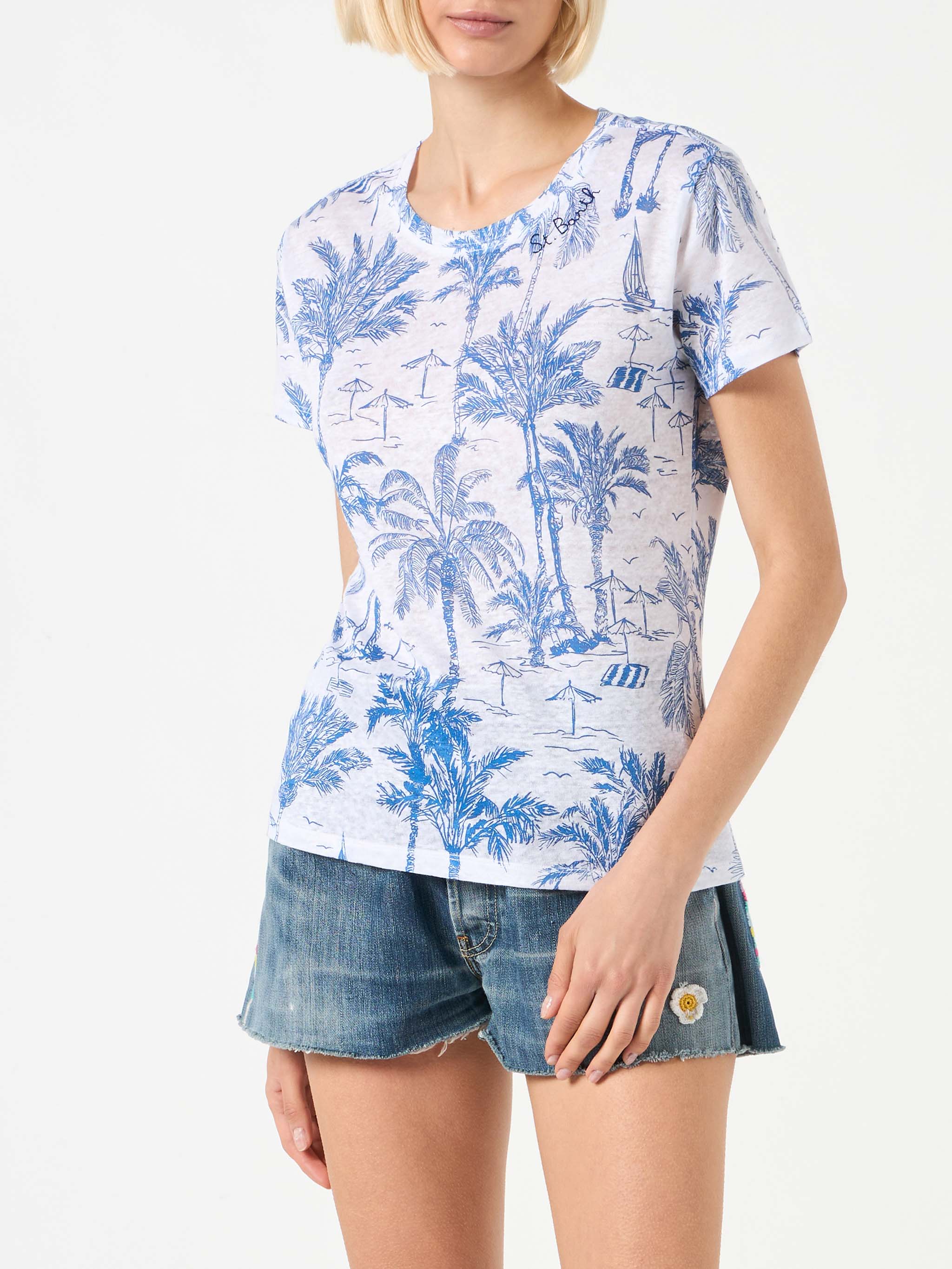 Dames linnen T-shirt met Toile de Jouy-print
