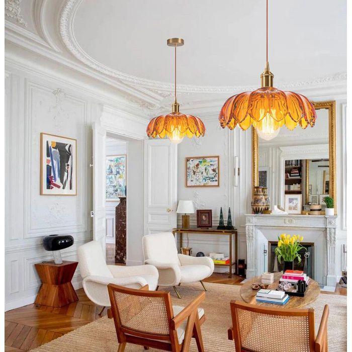 iDEGU 2 stuks moderne glazen hanglamp, vintage kroonluchter met amberkleurige bloemvormige lampenkap, retro plafondlamp voor
