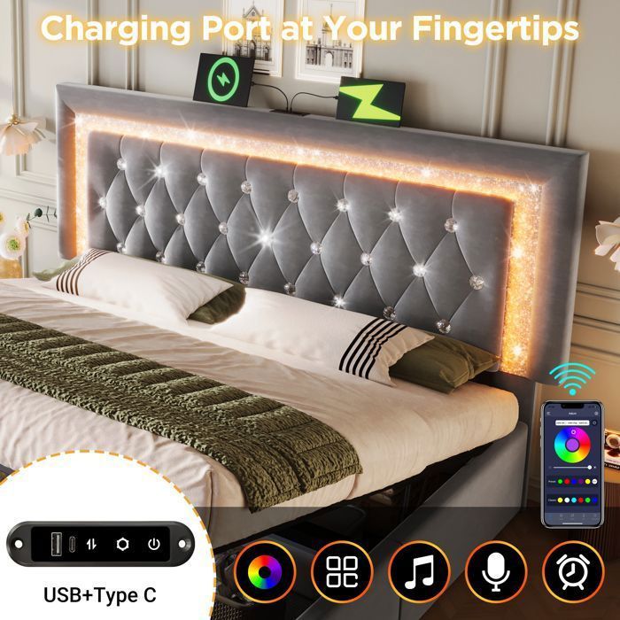 Cama con almacenamiento - Becag - Cama doble tapizada de 140x200cm con LED y USB Tipo-C, cama para adultos con almacenamiento hidráulico, terciopelo gris