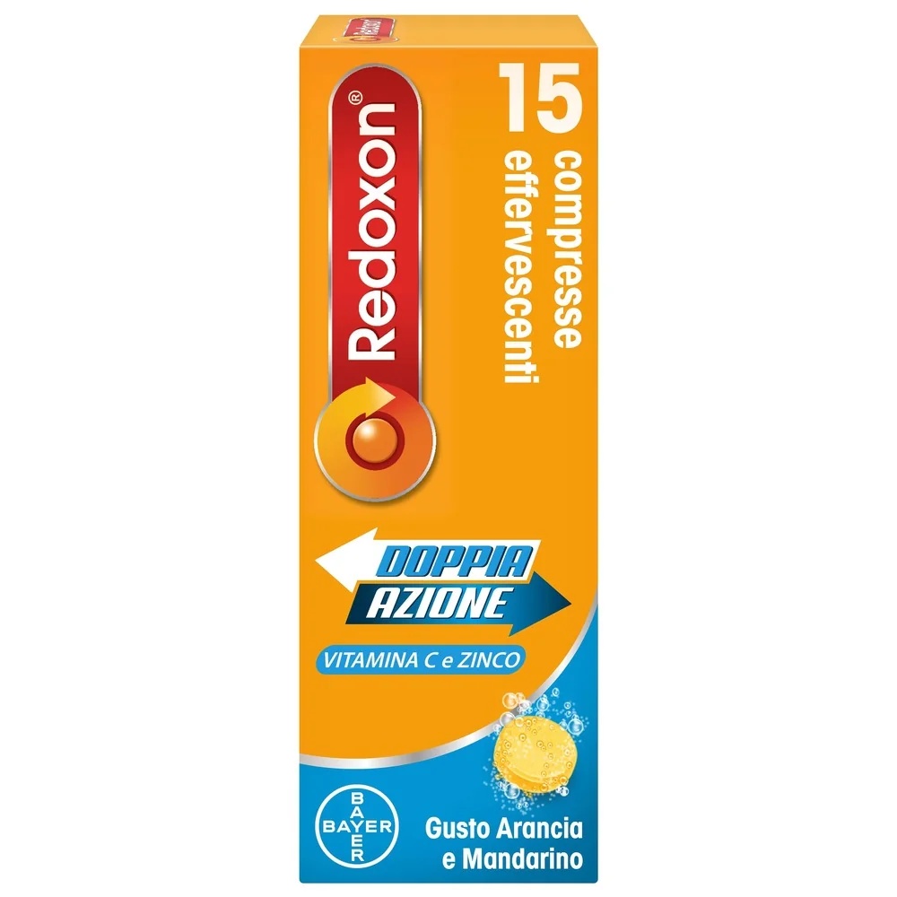BAYER Redoxon Double Action, saveur orange et mandarine, 15 comprimés effervescents, complément alimentaire avec vitamine C et zinc