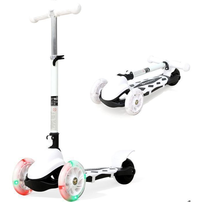 Monopattino pieghevole con 3 ruote illuminate a LED per bambini dai 2 ai 5 anni, manubrio regolabile in altezza su 3 posizioni, colore bianco.