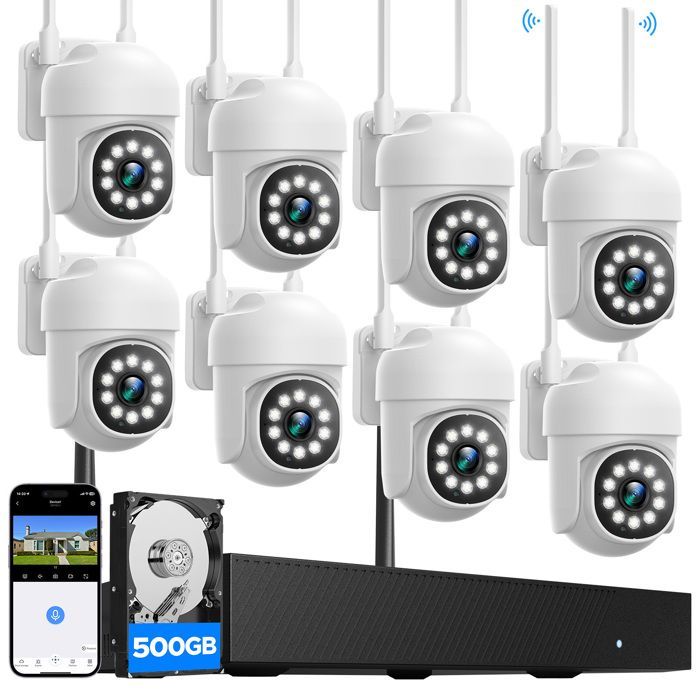 Kit de cámaras de vigilancia inalámbricas WiFi para exteriores CAMCAMP con 8 cámaras, 500 GB de almacenamiento, estación base, audio bidireccional y seguimiento automático.