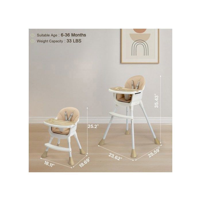Trona LALAHO para bebé/niño pequeño - Altura ajustable y plegable, bandeja extraíble, arnés de seguridad de 5 puntos - Beige
