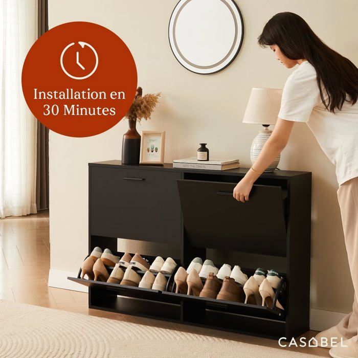 Zapatero CASABEL con 4 puertas abatibles - Zapatero de diseño - Mueble de almacenamiento para pasillo con capacidad para 24 pares - Negro