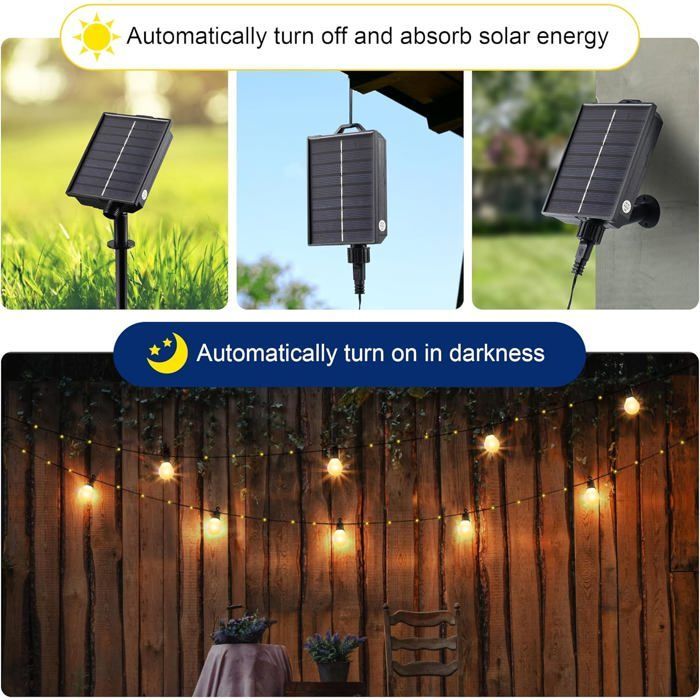Solar buitenverlichting met 20 G40-lampjes, 10 meter, 100 LED's, 8 standen, waterdicht, decoratief (wit)