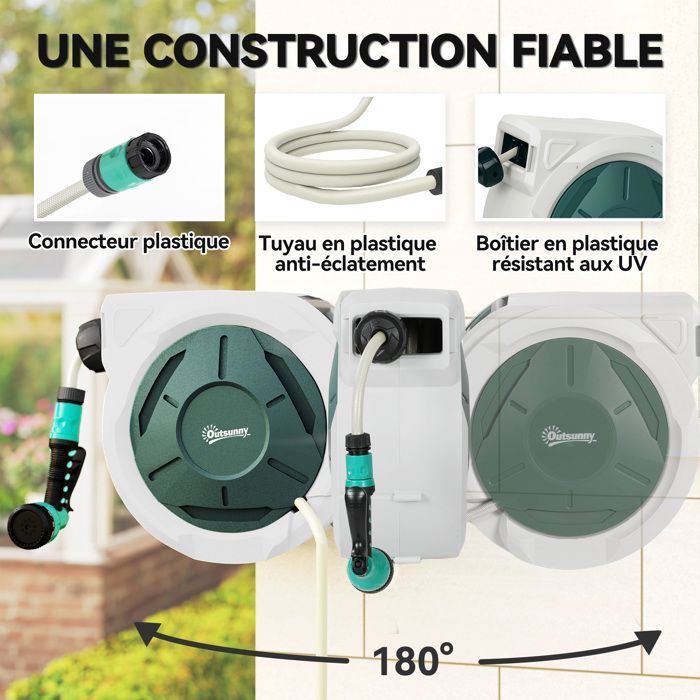 Enrouleur Tuyau Arrosage Mural - Outsunny - 30 m x Ø 15 mm - Rétractable Automatique Pivotant à 180° - Buse à 7 Modes - gris