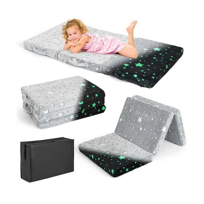 Colchoneta plegable de 3 piezas COSTWAY para niños, alfombra que brilla en la oscuridad con bolsa de almacenamiento y funda extraíble.