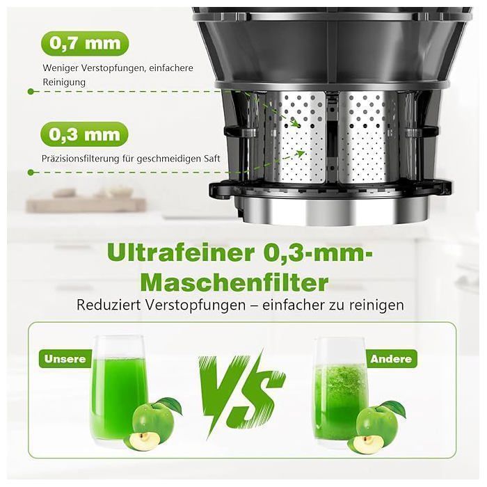 Licuadora de prensado en frío, boca de alimentación ancha de 147 mm y motor de 400 W, instalación de fácil limpieza, rendimiento de jugo del 99 %, 1,8 L, gris.