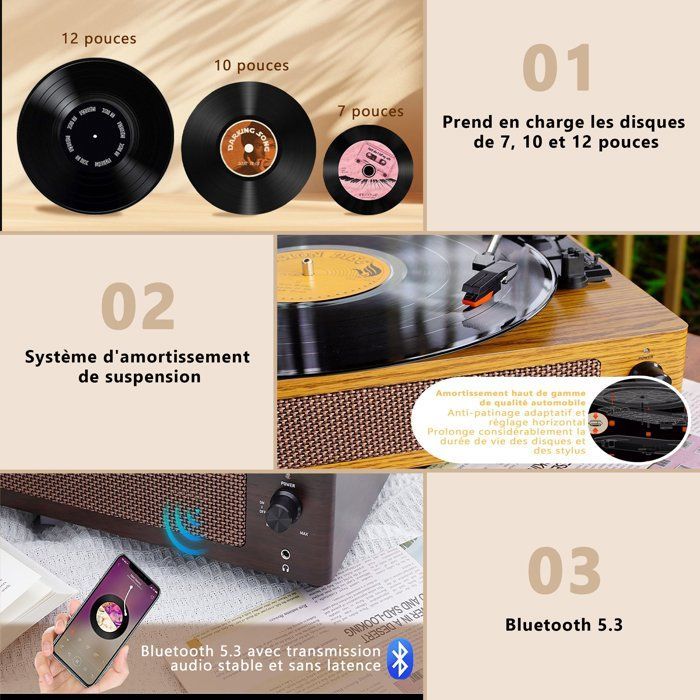 Portable Vintage Turntable, Bluetooth, 3 Speeds (33/45/78 rpm), Built-in Speakers, For Home and Travel Music