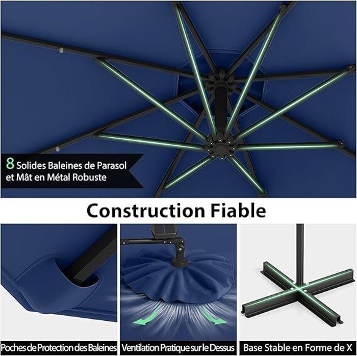 Parasol de Jardin Extérieur -RELAX4LIFE- 3M - Rotation à 360° - 32 LED Solaire - Parasol Déporté Manivelle - 8 Baleines -Bleu Foncé