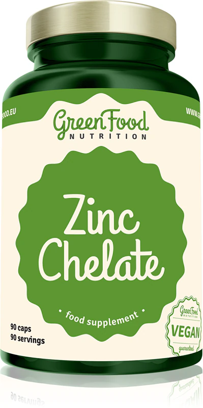 Cápsulas de suplemento alimentar de quelato de zinco da GreenFood Nutrition para auxiliar o sistema imunológico, a saúde da pele e das unhas.