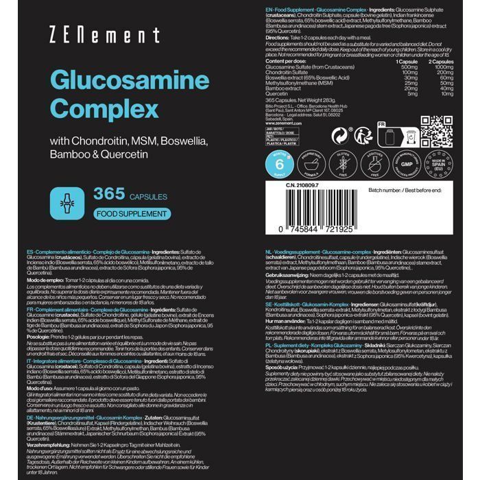 Complexo de glucosamina com condroitina, MSM, boswellia, bambu, quercetina e selênio - 365 cápsulas