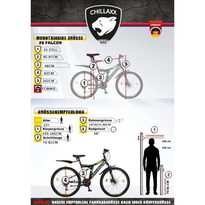 Vélo VTT Chillaxx Falcon 24 et 26,Suspension Complète,21 Vitesses,Frein à Disque,Cadre en Acier