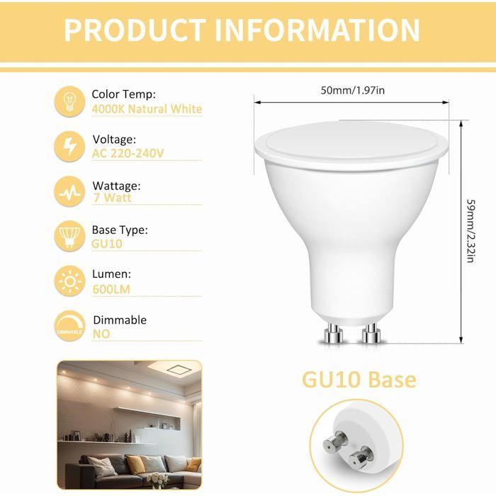 GU10 LED-pære, kold hvid, 7W svarende til 70W halogenpære, 720 LM, LED-spotpærer, ikke-dæmpbar, pakke med 10 stk.
