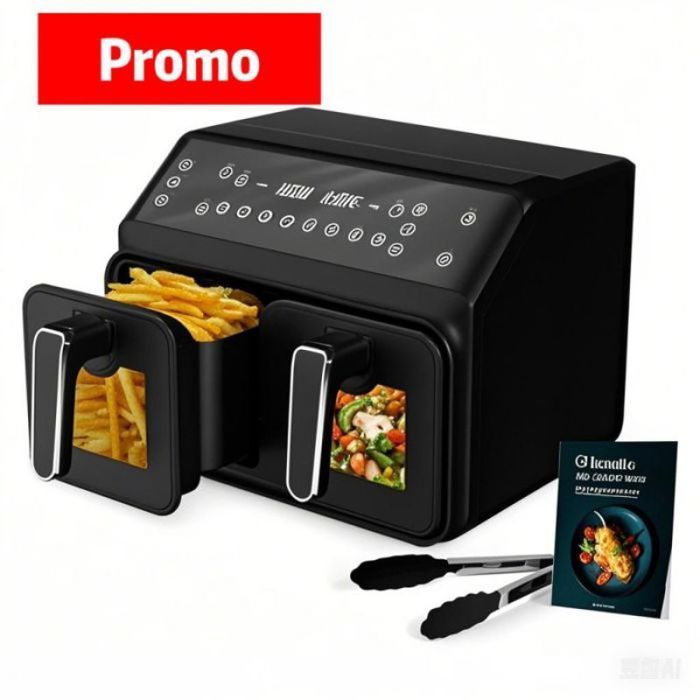 8L 2200W Dual Zone Air Fryer, Black Design, 10 Programs, Lighting, Healthy and Crispy Cooking, Electric Fryer