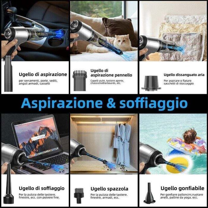 Aspiradora inalámbrica para coche - PZCC - 3 en 1 - 12000 PA - Para uso en seco y húmedo - Múltiples accesorios - Compacta