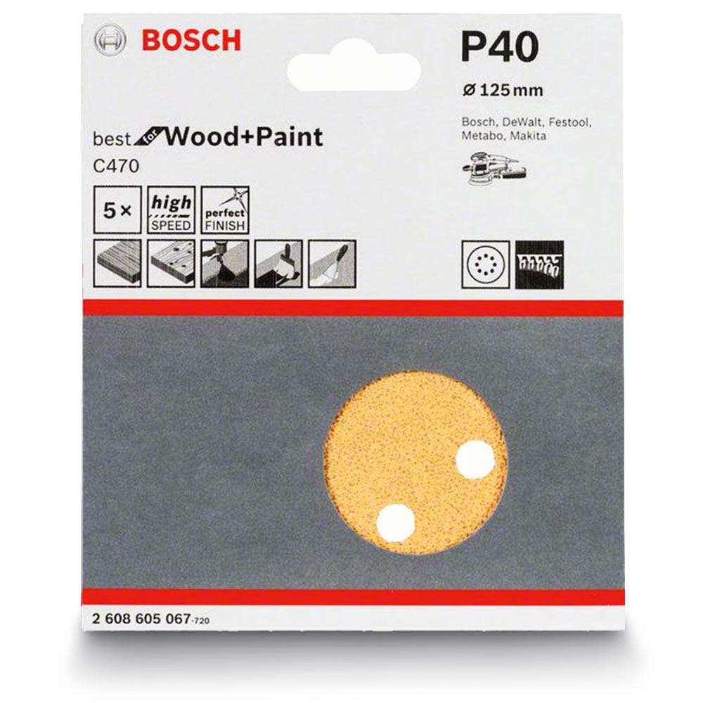 Disc de șlefuit BOSCH 125 mm, granulație 40, 8 găuri, Velcro, pentru lemn și vopsea – C470 – 5 bucăți