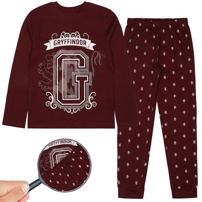 Harry Potter Gryffindor tweedelige pyjama met lange mouwen voor jongens, bordeauxrood, maat 9-10