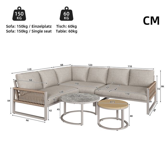 Conjunto de muebles - Conjunto de salón de jardín - 6-7 plazas - sofá esquinero - hierro galvanizado - 2 mesas nido, beige