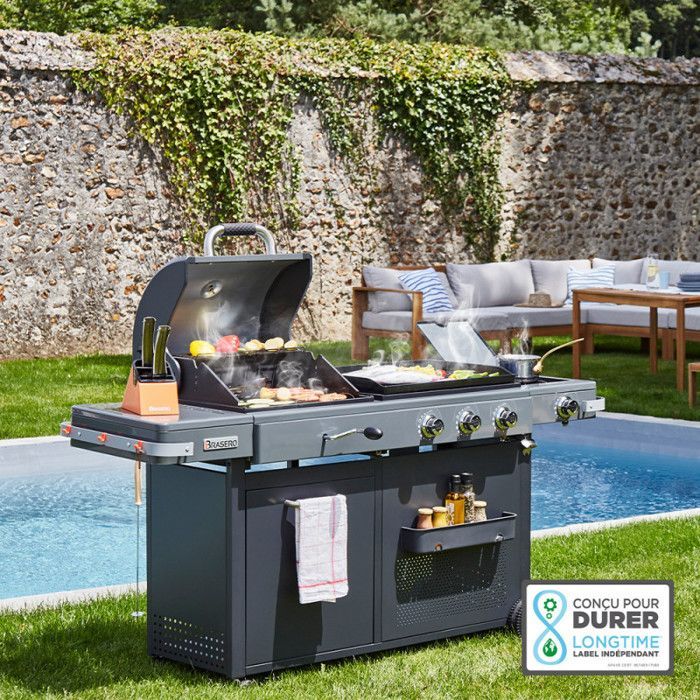 Bi-Energy XL Gas- en Houtskool Plancha Barbecue – BRASERO BY FAVEX - 3 branders 10,8 kW – 14 personen – Inclusief hoes en handschoenen