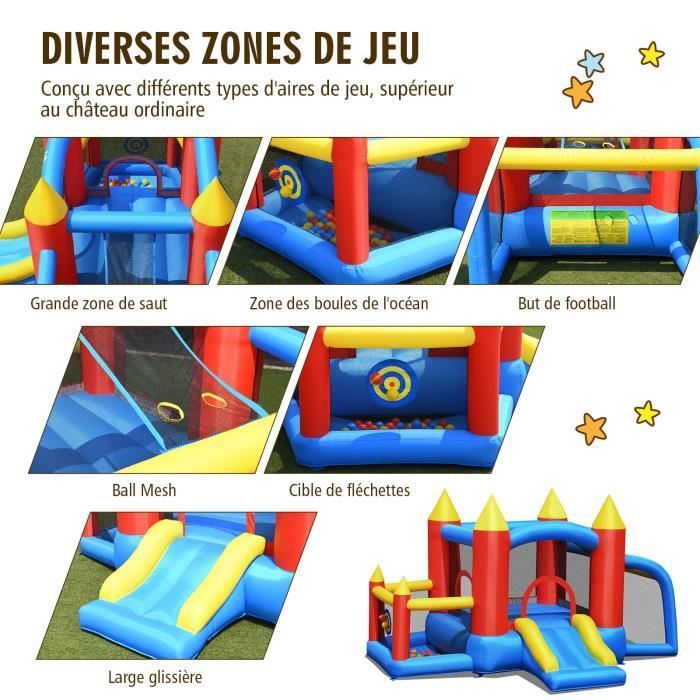 COSTWAY Château Gonflable pour Enfants avec Souffleur 450W Toboggan 60 Boules Colorées,Jeux de Fléchettes But de Football Sac
