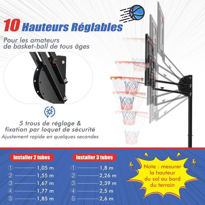 Aro de baloncesto independiente COSTWAY, altura ajustable de 105 a 260 cm, tablero de 82 cm, 2 ruedas, base rellenable de 35 L, balón y bomba incluidos.