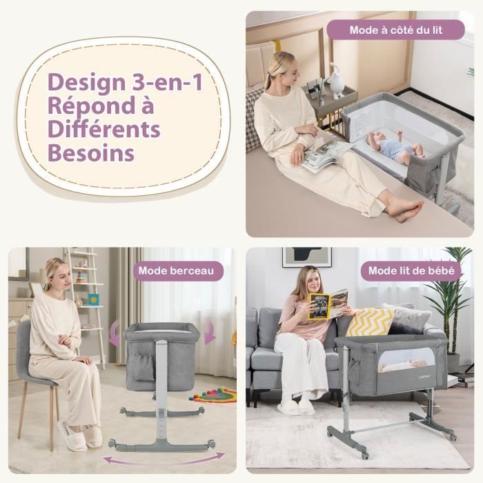 COSTWAY Baby-Beistellbett mit 5 verstellbaren Höhen, 9 kg Tragkraft, atmungsaktivem Netz-Babybettchen und Reisetasche für Babys von 0–6 Monaten, Hellgrau