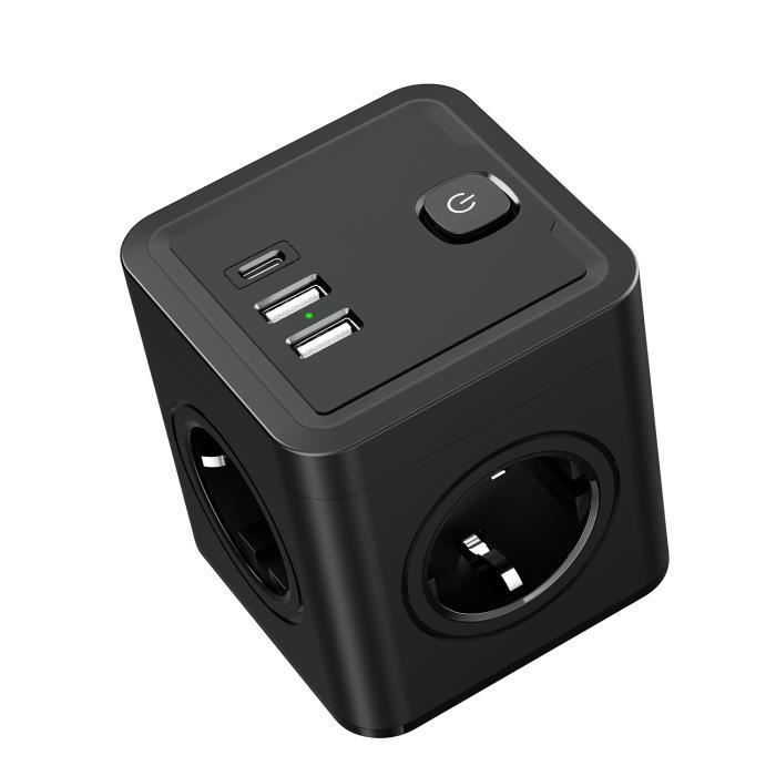 BLEOSAN Regleta de pared USB 7 en 1 - 4 tomas de corriente, 1 puerto USB-C y 2 puertos USB - 4000 W - Negra