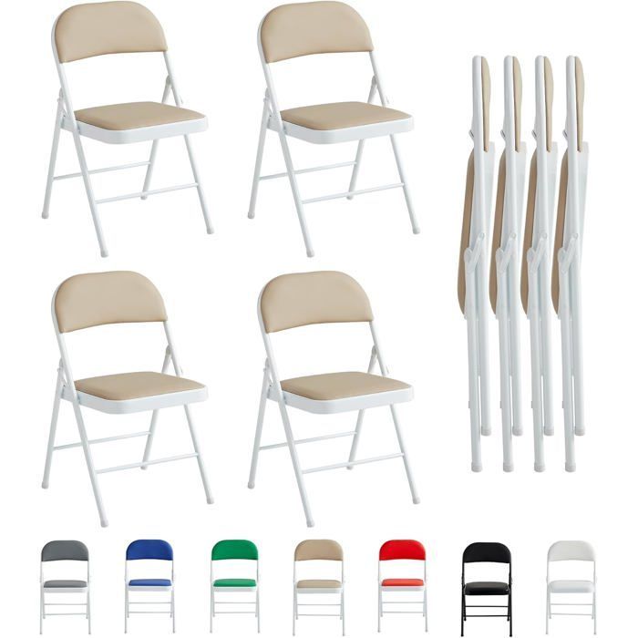mcc direct Lot de 4 chaises pliantes en similicuir avec cadre en métal et siège rembourré (beige)