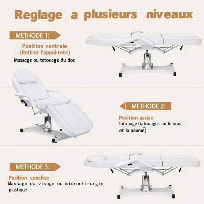 Table de Massage Pliante 3 Zones Réglable en Hauteur Lit Esthétique Professionnel SPA Tatouage Salon de Beauté Blanc 182x82x64cm