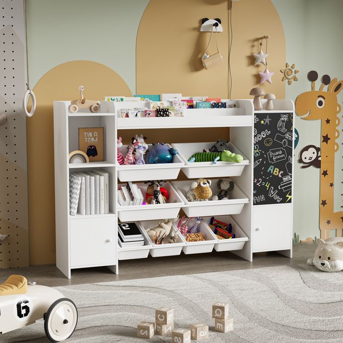 Librería infantil multifuncional, estante de madera, estante para juguetes con 8 cajas de almacenamiento, blanco, 137x30x94,5 cm.