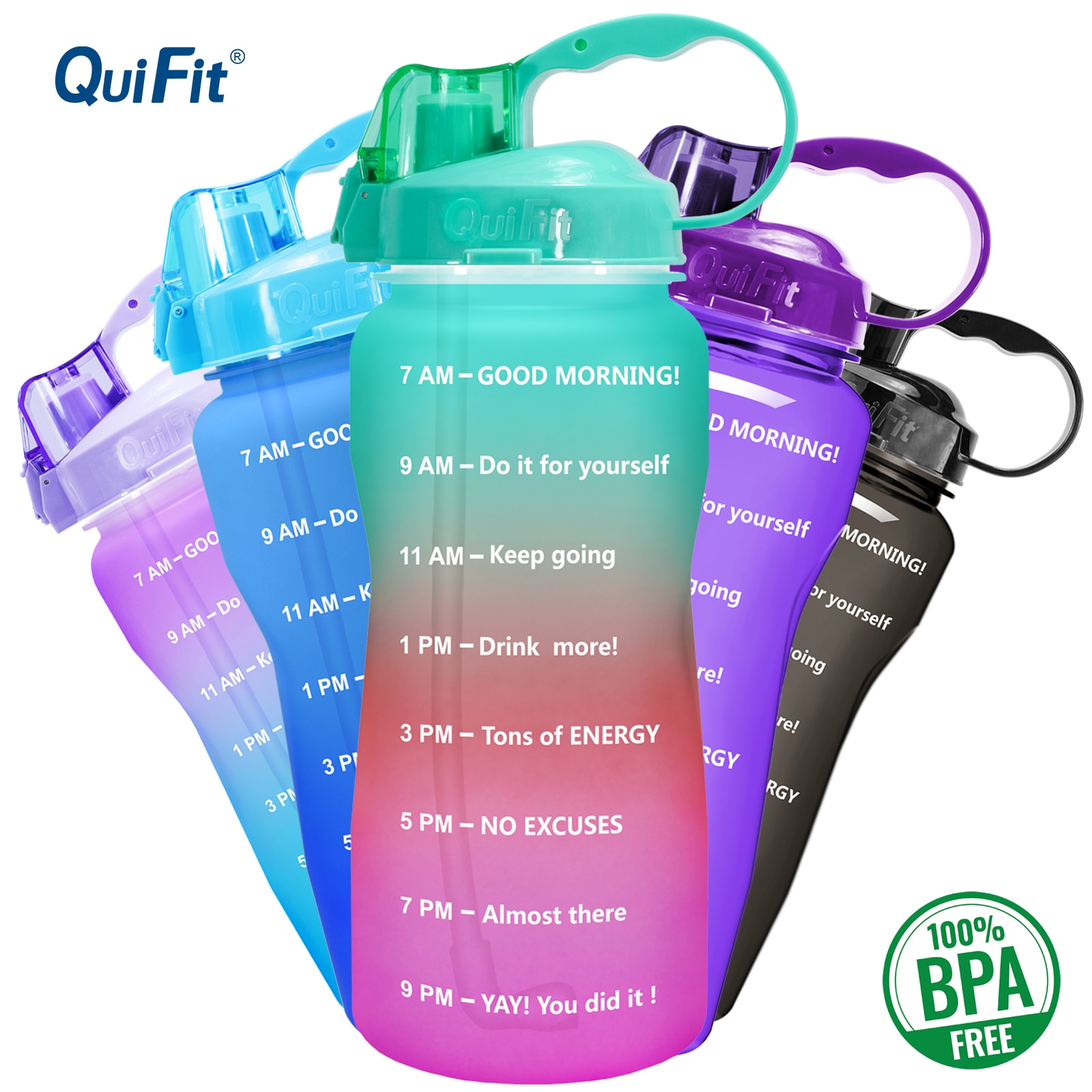 QuiFit 2L 64 OZ  Half Gallon Water Bottle with Straw Motivational & Time Markings Drinking BPA Free Tritan Sport Outdoor Jugs
