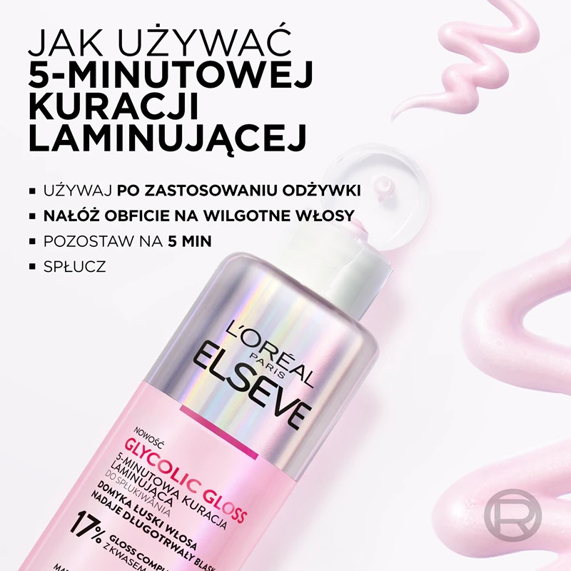 „L'Oréal Paris Elseve Glycolic Gloss“ plaukų kaukė, kuri lygina ir regeneruoja pažeistus plaukus.