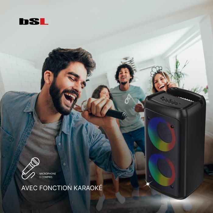 Enceinte Bluetooth BSL-S21 20W avec TWS, Karaoké et éclairage RGB | USB-C | Microphone inclus