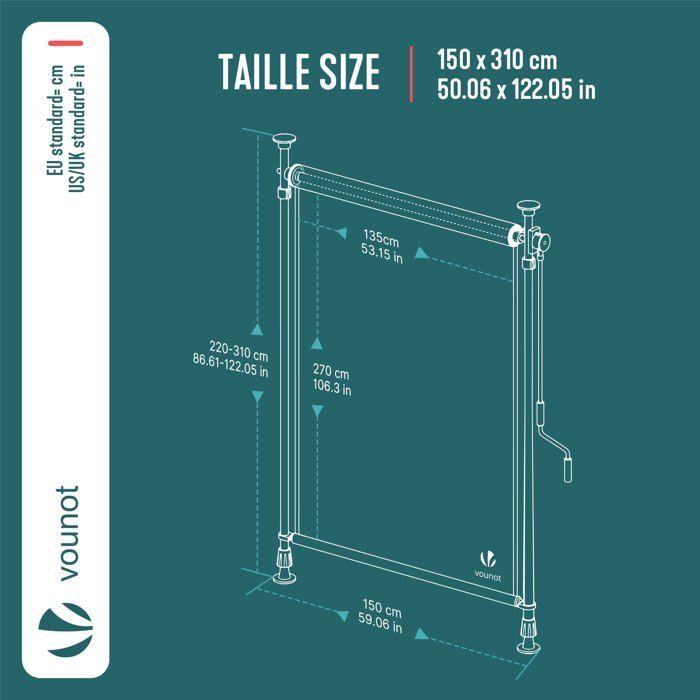 Persiana vertical VOUNOT®, sin necesidad de taladrar, 150x310cm, extensible - Pantalla de privacidad para exteriores para balcón, terraza, jardín - Poliéster - Gris