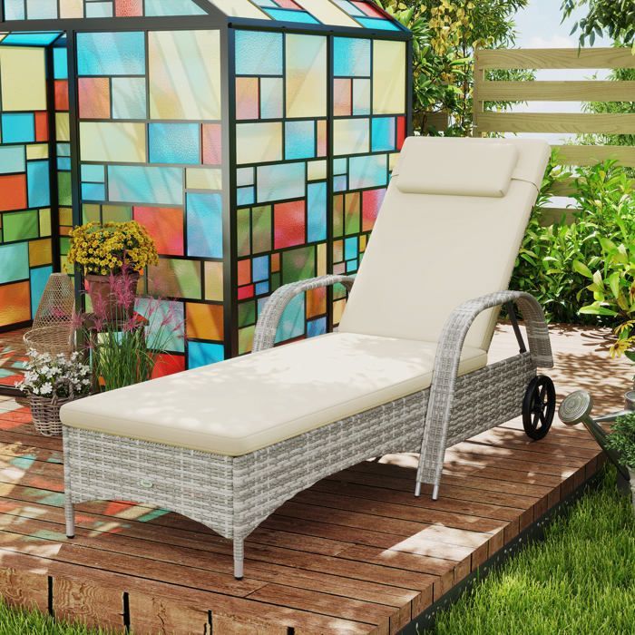 Transat - Outsunny - inclinaison réglable multipositions - matelas, têtière, accoudoirs, roulettes -  résine tressée PE - gris clair