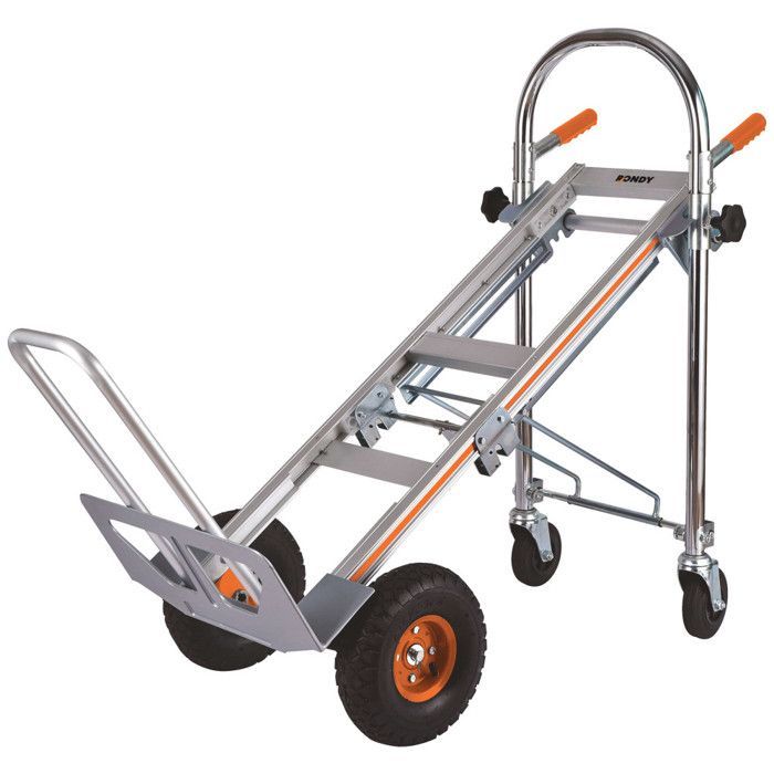 Carretilla de mano de aluminio 3 en 1 - carga máxima 250 kg - 2 ruedas giratorias - 2 ruedas inflables - Plataforma 45,5 x 18 cm