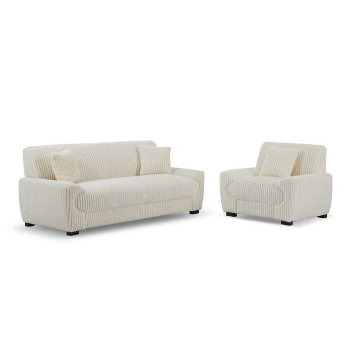 Conjunto de sofá de 3 plazas y sillón ADEA en pana beige.