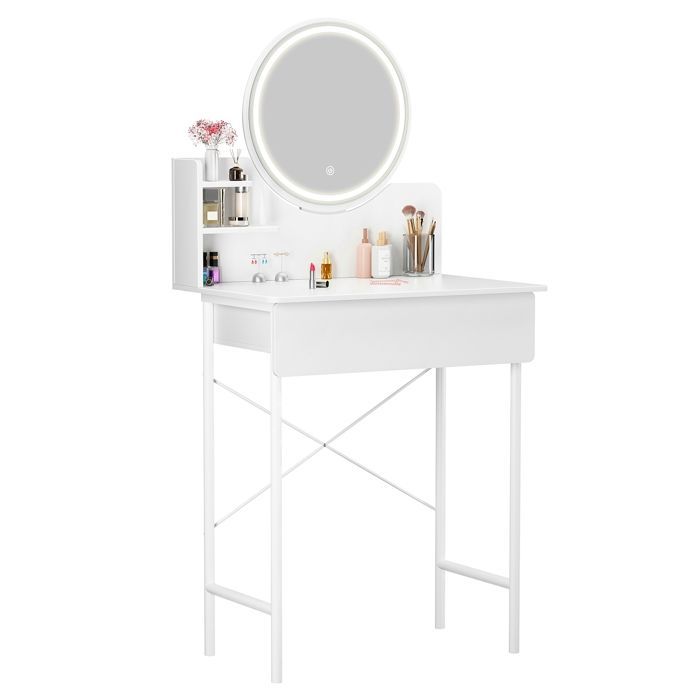 Tocador con espejo LED, mesa de maquillaje moderna blanca, 1 cajón, con 2 estantes abiertos, taburete no incluido.