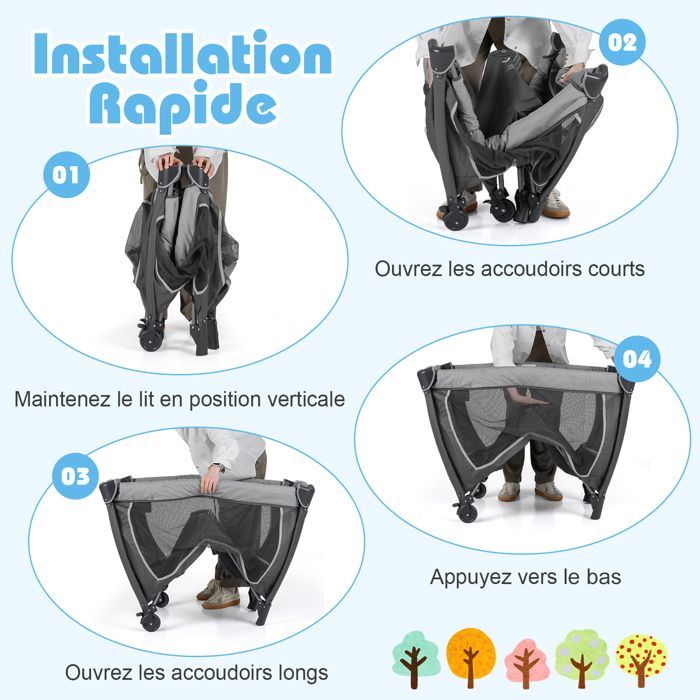 Lit Bébé Parapluie avec Matelas 5 en 1 COSTWAY-Berceau,Table à Langer-Lit de Voyage-Jouets Suspendus,Boîte à Musique-Roulettes-Gris