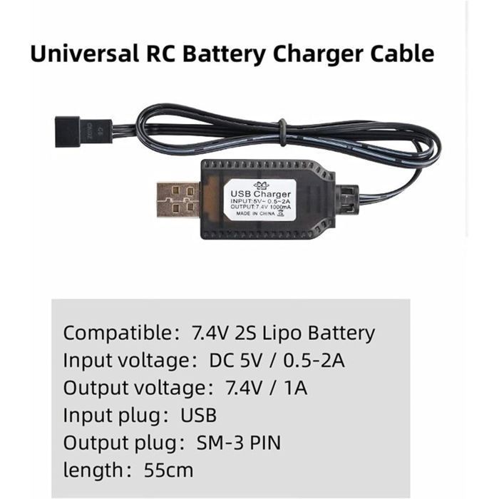 Cable cargador USB universal para coches RC con conector SM-3P para baterías LiPo de 2S y 7,4 V, compatible con coches RC, barcos RC y drones RC.
