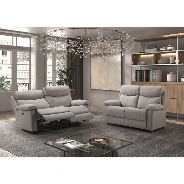 TARIFA - Canapé 3 Places Relax Electrique Gris Clair Tissu Waterproof