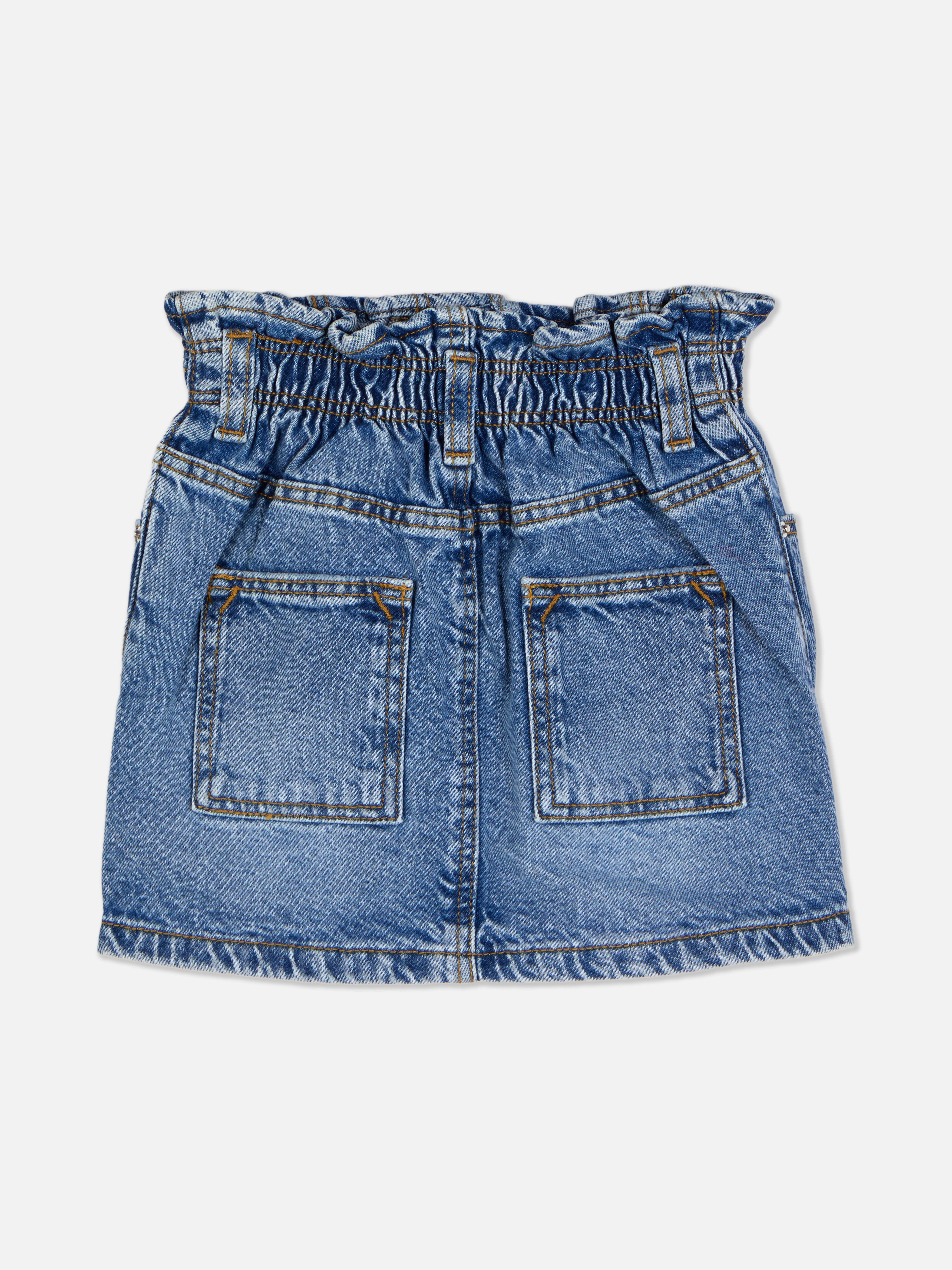 Fustă din denim cu broderie florală O fustă din denim cu flori brodate, talie elastică, găici pentru curea și buzunare